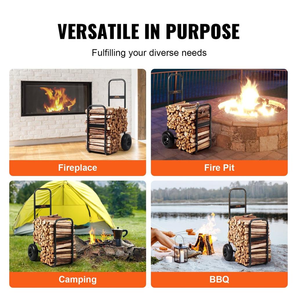 Firewood Log Cart, 113.4 kg Load Capacity, Outdoor and Indoor Wood Rack Storage Mover with Pneumatic Rubber Wheels, Heavy Duty Steel Dolly Hauler,