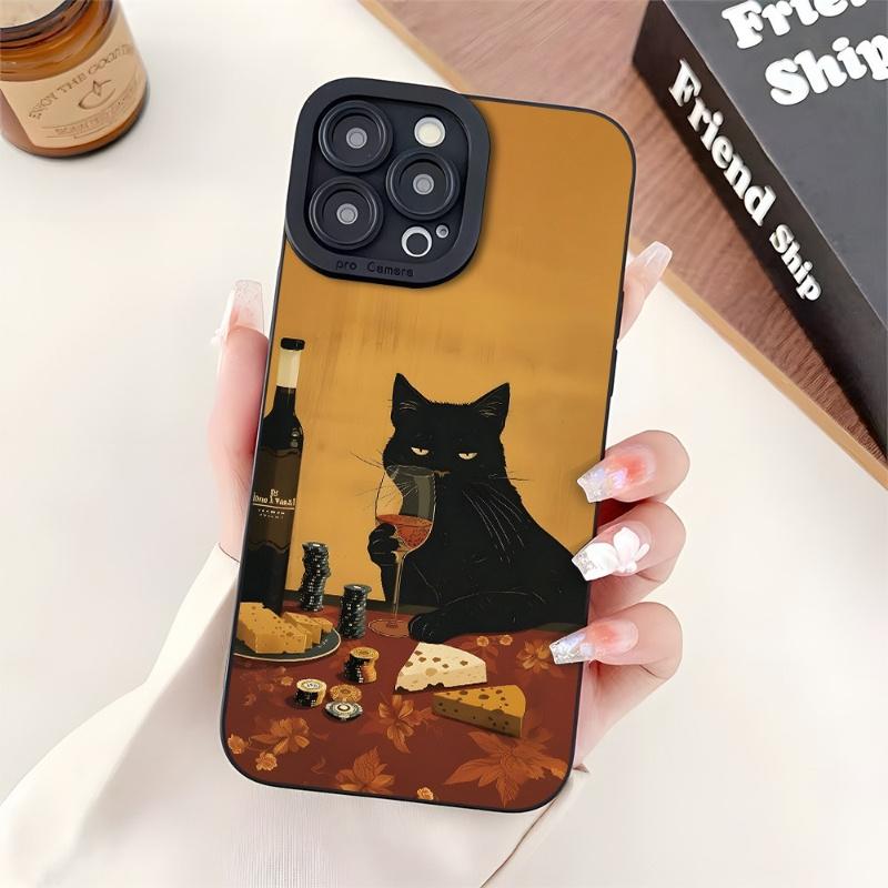 Чехол для телефона "Черная кошка наслаждается вином" Подходит для iPhone 17, 16, 15, 14, 13, 12, 11 Pro/Max/Plus Противоударная задняя крышка