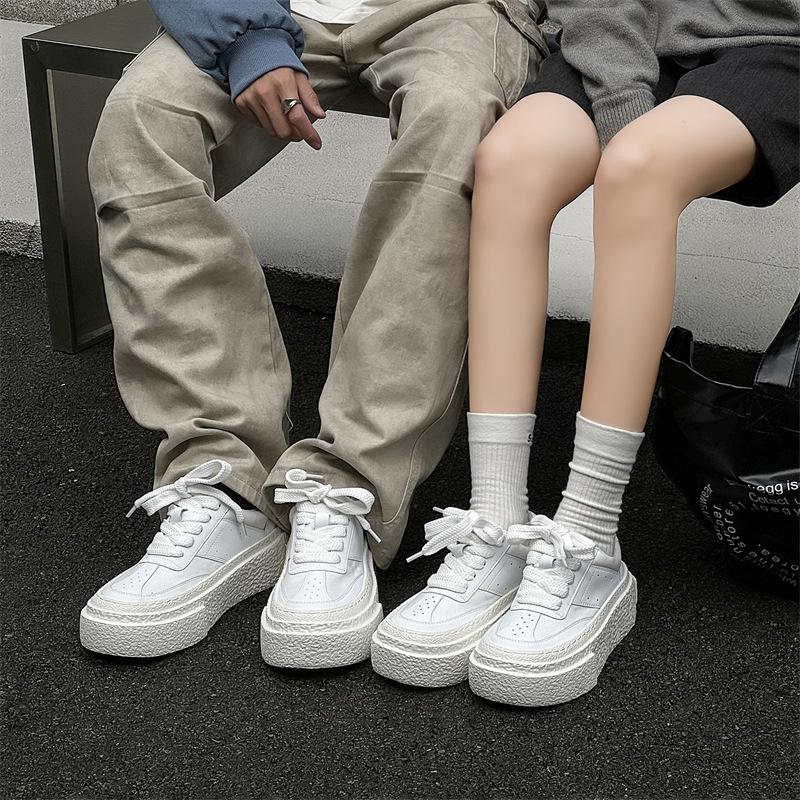 Белые туфли на платформе для пар, новые универсальные туфли-бисквиты на шнуровке, увеличивающая высоту подошва-маффин, повседневная обувь 50447-W