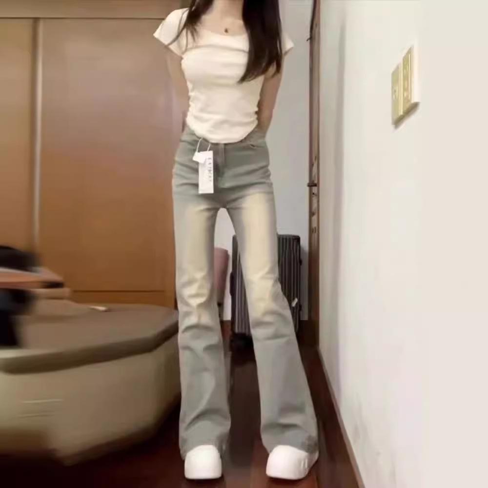 Women's High-Waist Slim Flared Jeans, Yellow-Mud Color, Perfect for Spring and Autumn