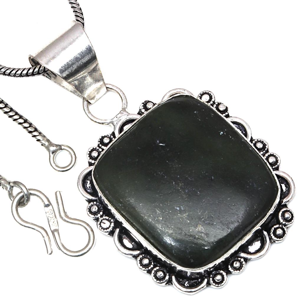 Кулон с самоцветом Вассолит Ручная работа Подарок для нее Антикварные серебряные украшения 2"