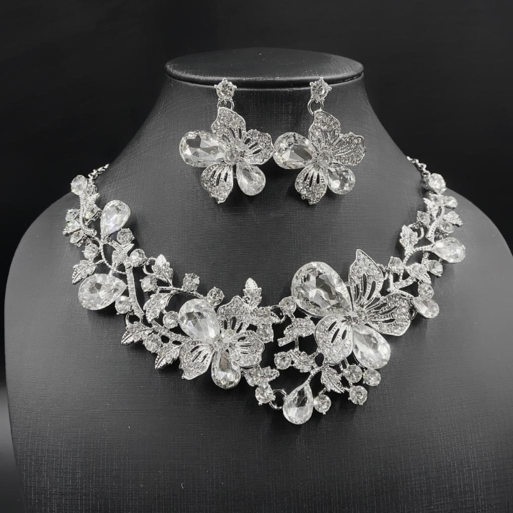 Flower Necklace And Earrings Set - Bridal Dress Accessory For Bridesmaid At Wedding Banquet