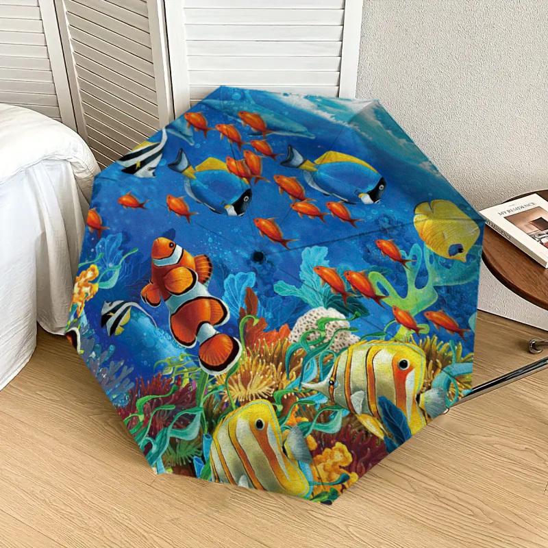 1pc Ocean Life Circular Artwork Umbrella with Plastic Handle,Suitable for All Seasons Home Travel Outdoor UmbrellaDD800