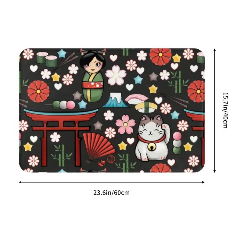 Custom Kawaii Maneki Neko Lucky Cat Doormat Non-Slip Entrance Bath Kitchen Floor Door Mat Japanese Geisha Art Garden Carpet Rug