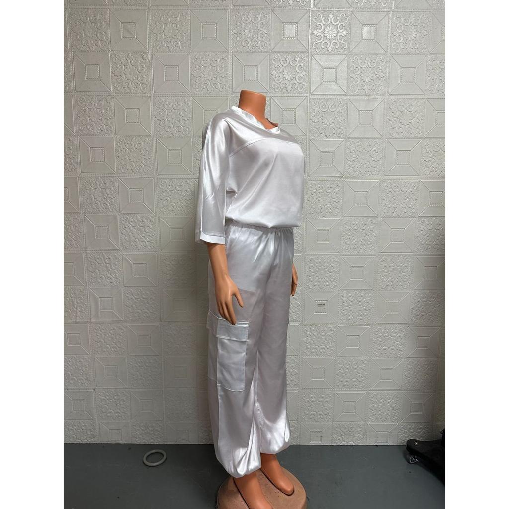 Женский комплект, однотонный комплект из гладкого атласа, топ с рукавами три четверти и брюки, комплект из двух предметов