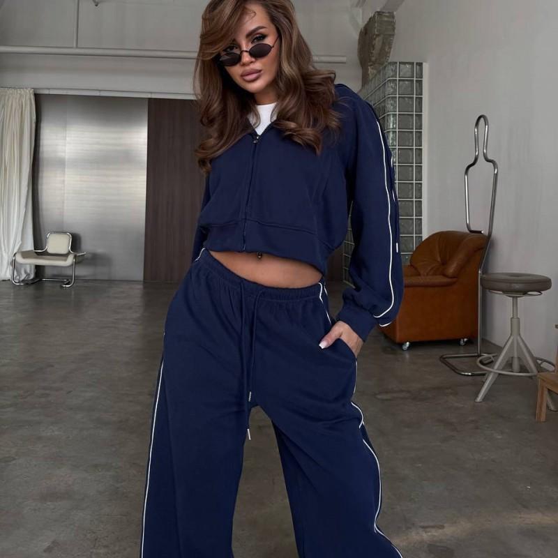 Womens Casual Hooded Zip-Up Sweater Striped Drawstring Pants 2-Piece Set Streetwear Outfit Fall 2025