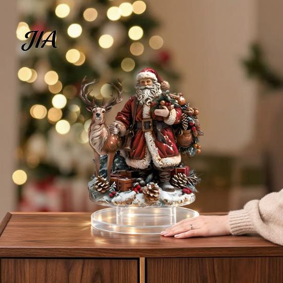 Cute Santa Claus Xmas Decorations Christmas Reindeer Tabletop Ornament, 2D Acrylic Festive Home Office Desk Decor for Fireplace Living Room
