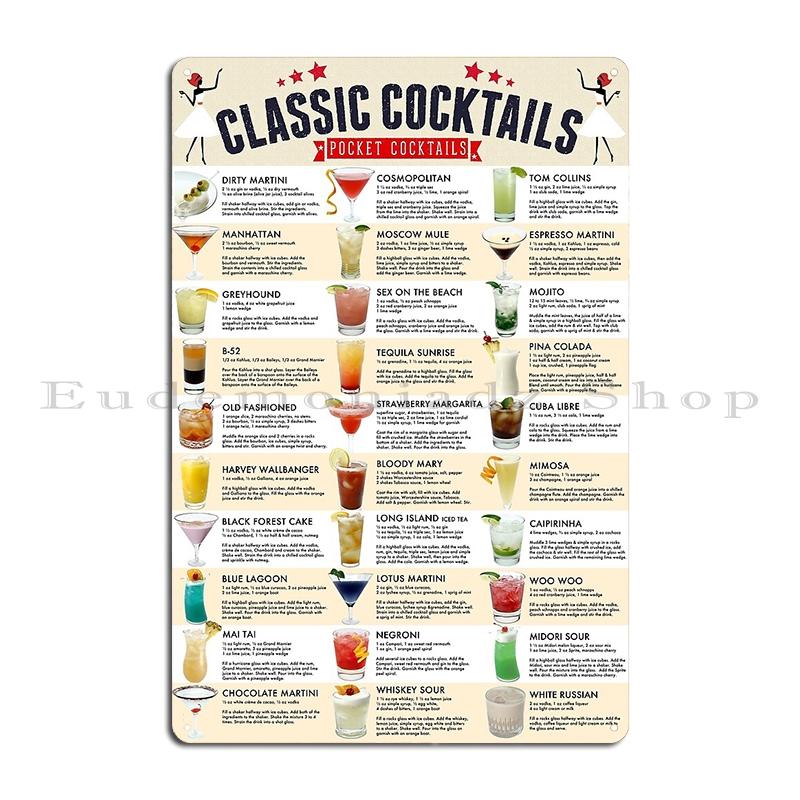 Коктейльная карта Классический Постер с Коктейлями от Pocket Cocktails Металлическая Вечеринка Домашние Таблички Индивидуальное Создание Жестяной Знак Постер