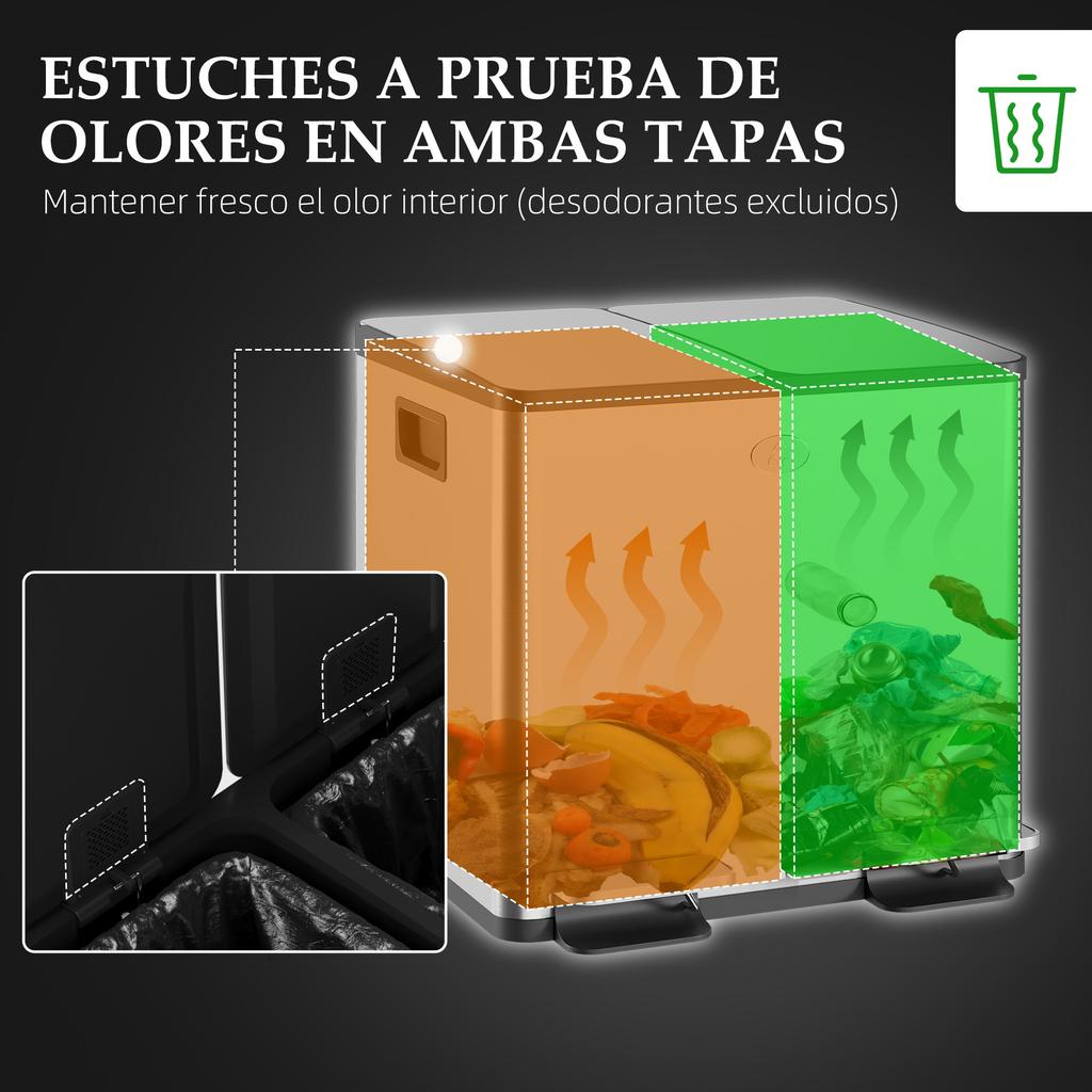 Kitchen Trash Can Stainless Steel With 2 Compartments 2x20L Pedal Soft Close Lids And Removable Bucket Silver