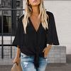 Women Summer Shirt V-neck Half Sleeve Buttons Placket Lace-up Shirt Tops Solid Color