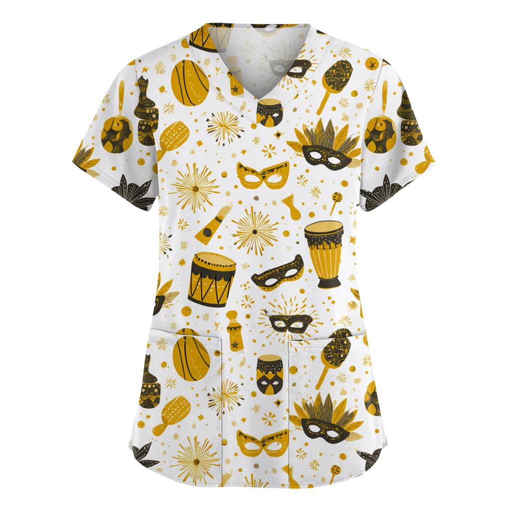 Женская мода V-образный вырез короткий рукав комбинезон с карманами принт топы одежда