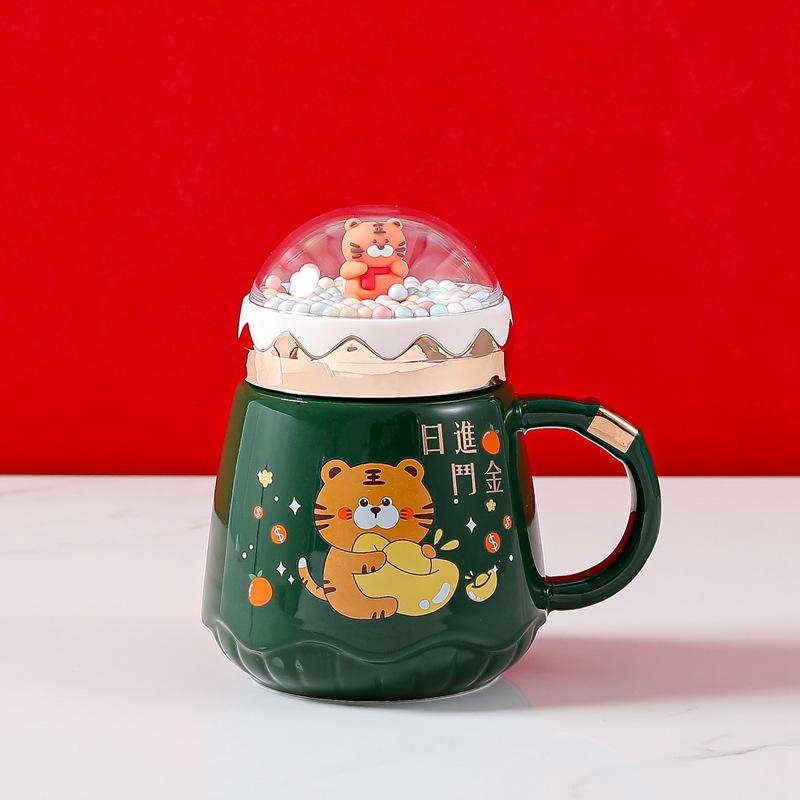 Кружка с крышкой "Год Тигра" Креативная керамическая чашка большой емкости Парная чашка для пары Милая мультяшная кофейная кружка для домашнего использования