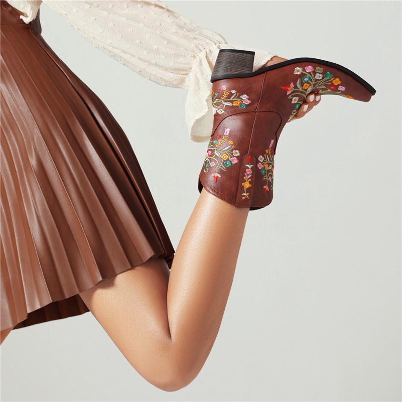 Женские ковбойские полусапоги до щиколотки с квадратным носком на толстом среднем каблуке и вышивкой в ​​стиле вестерн, ковбойские сапоги, женская обувь, зимняя обувь 46