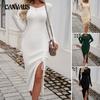 Women's Autumn and Winter Temperament Sexy Package Hip Round Neck Split Dresses