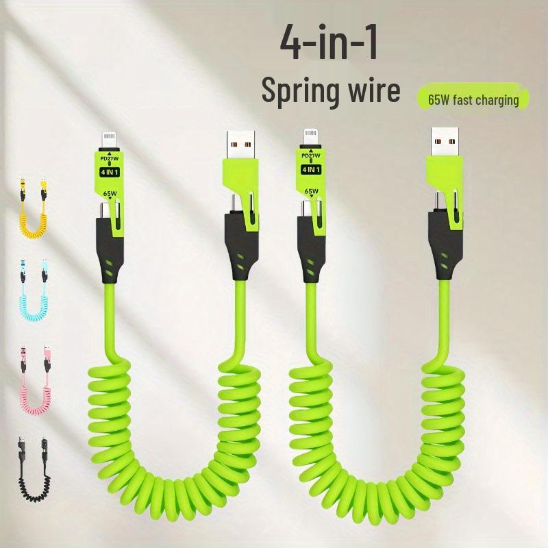 Spring Multi-Head Fast Charging Data Cable - 4-in-1 Two-to-Two for Car Use