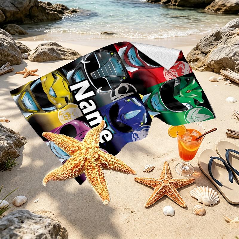 Custom Name Personalized Mighty Morphin Power Rangers Print Beach Towel, for Trip Camping Beach Party Home Decor, Birthday Gift for Family & Friends