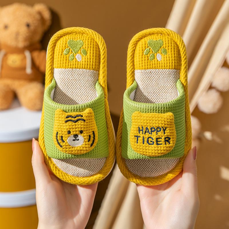 Spring and Autumn Children's Linen Slippers Women's Four Seasons Household Soft Bottom Baby Slippers Cartoon Dinosaur Parent-Child Children's Slip