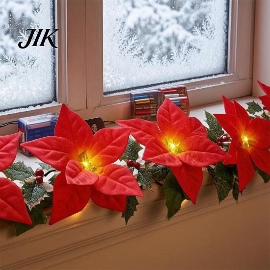 Small Room Decorative Lights Christmas Poinsettia String Lights, 200/300cm Red Green Floral Garland, Battery/USB Seasonal Tree Ornament Operated