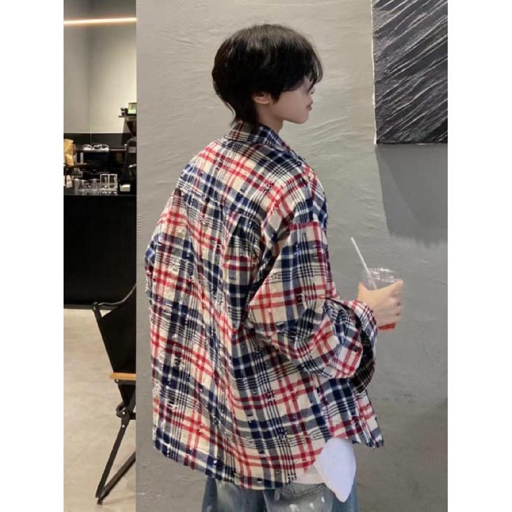 2024 Plaid Long Sleeve Shirt Japanese Hong Kong Style Ins Loose Shirt Boys Summer Trendy Versatile Casual Coat