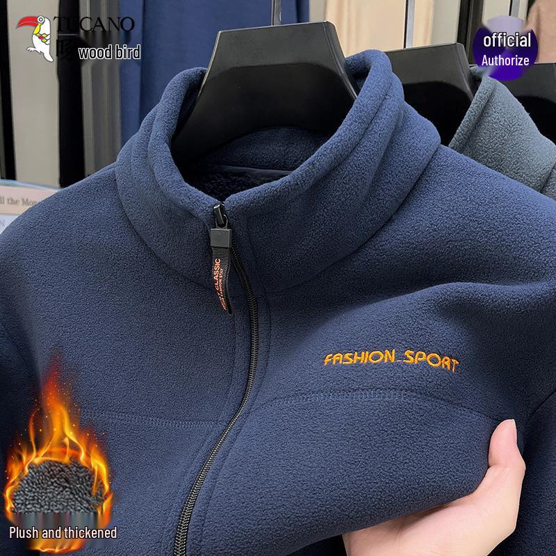 Woodpecker Men's Winter Polar Fleece Stand Collar Hoodie Double-Sided Berber Fleece Shell Jacket