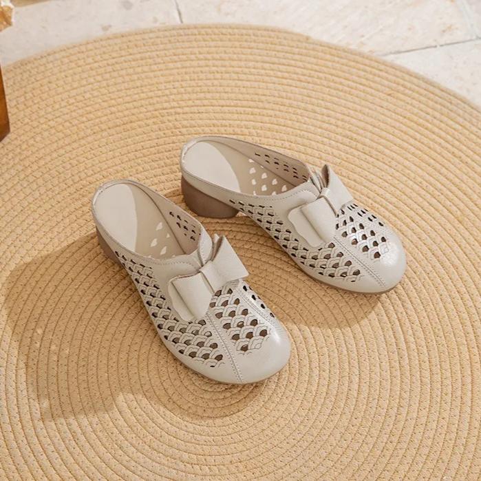 Johnature Женские тапочки из натуральной кожи с толстым каблуком и цветочным узором, с круглым носком, универсальная женская обувь