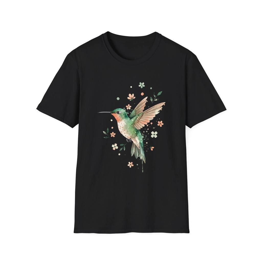 Hummingbird Watercolor Floral Nature Black Tee Aesthetic Print T-Shirt