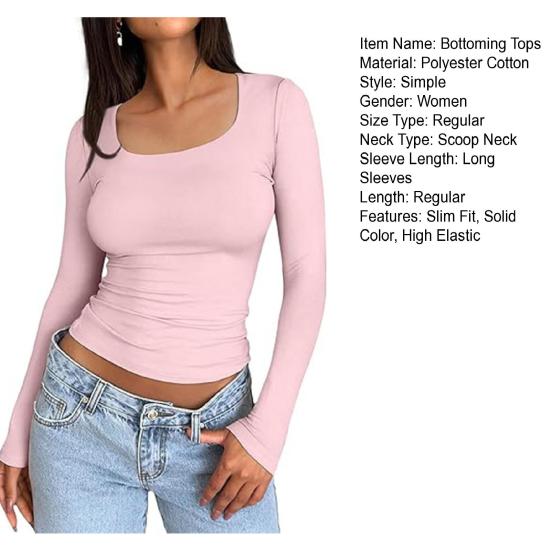 Женские топы с круглым вырезом, длинным рукавом, облегающие, однотонные, эластичные, стандартного кроя, универсальные блузки