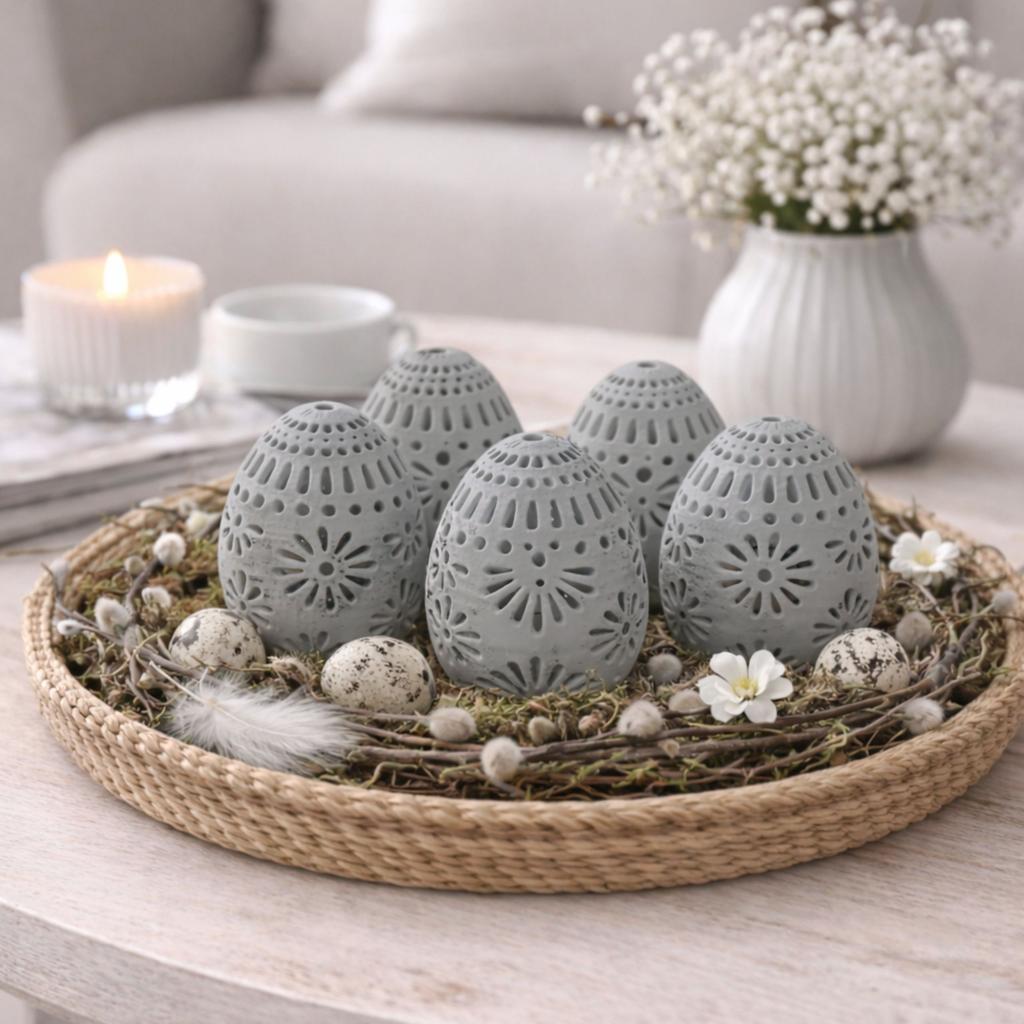 Set of 5 Easter eggs, gray openwork, spring decoration