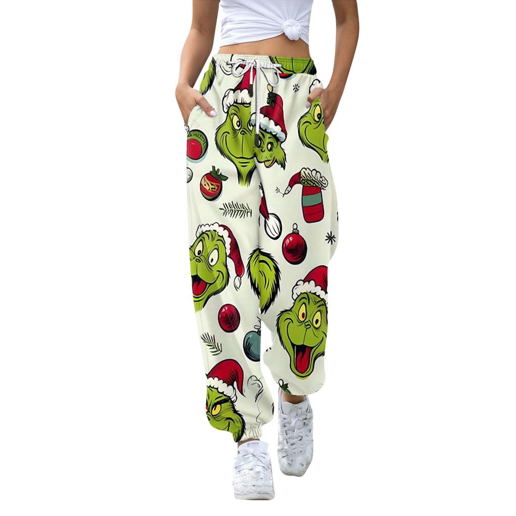 Женские повседневные модные рождественские принтованные повседневные спортивные брюки с эластичной талией и завязками на шнурке
