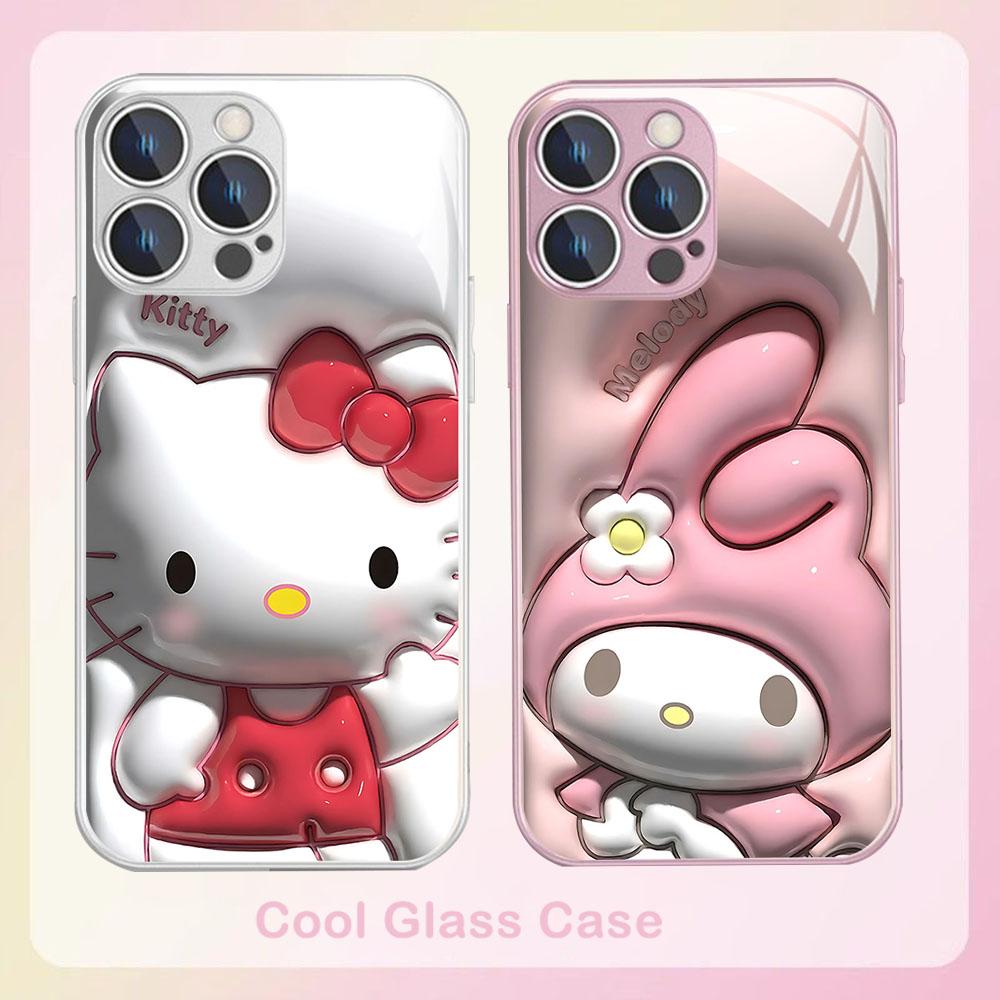 Sanrio Hello Kitty Metallic-Color Phone Case For IPhone X XR XS 16 15 14 13 12 Mini 11 Pro Max 7 8 SE 20 Plus Glass Hard Cover