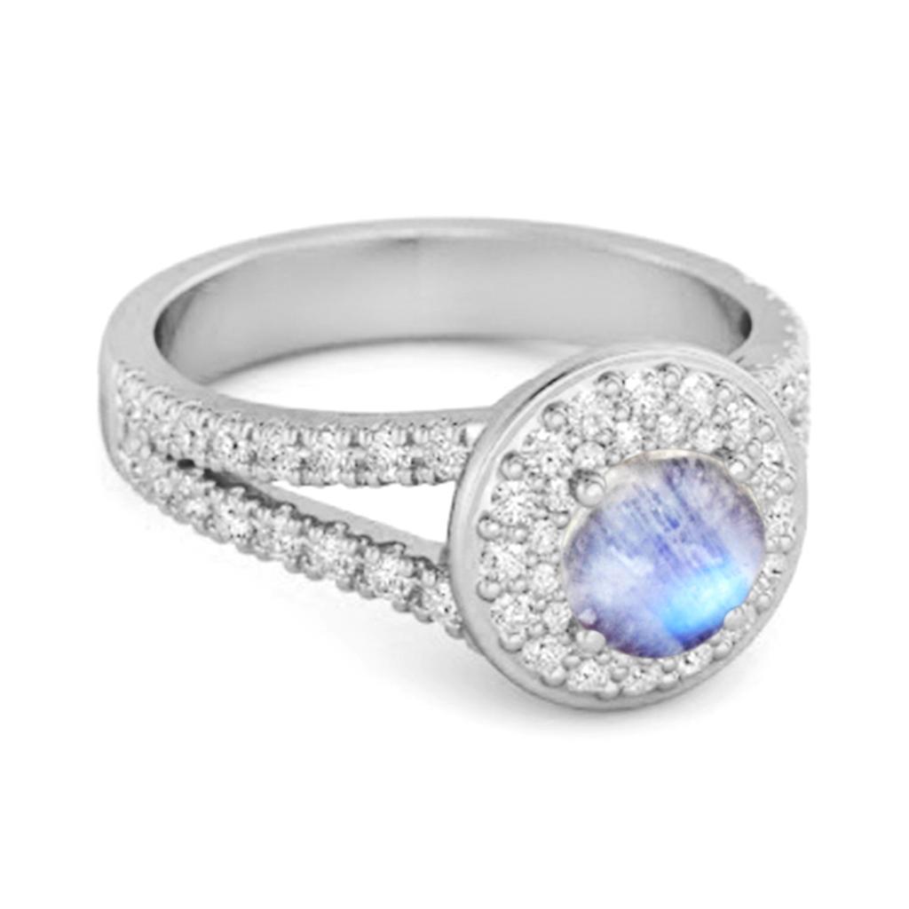 Moonstone Double Halo Accents Ring- 925 Sterling Silver