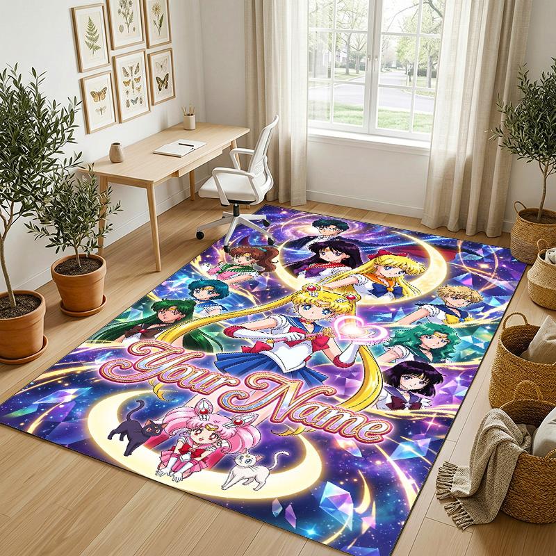 Personalized Crystal Velvet Carpet,Sailor Moon Custom Printed Name, Plush Area Rug For Home Indoor Decor