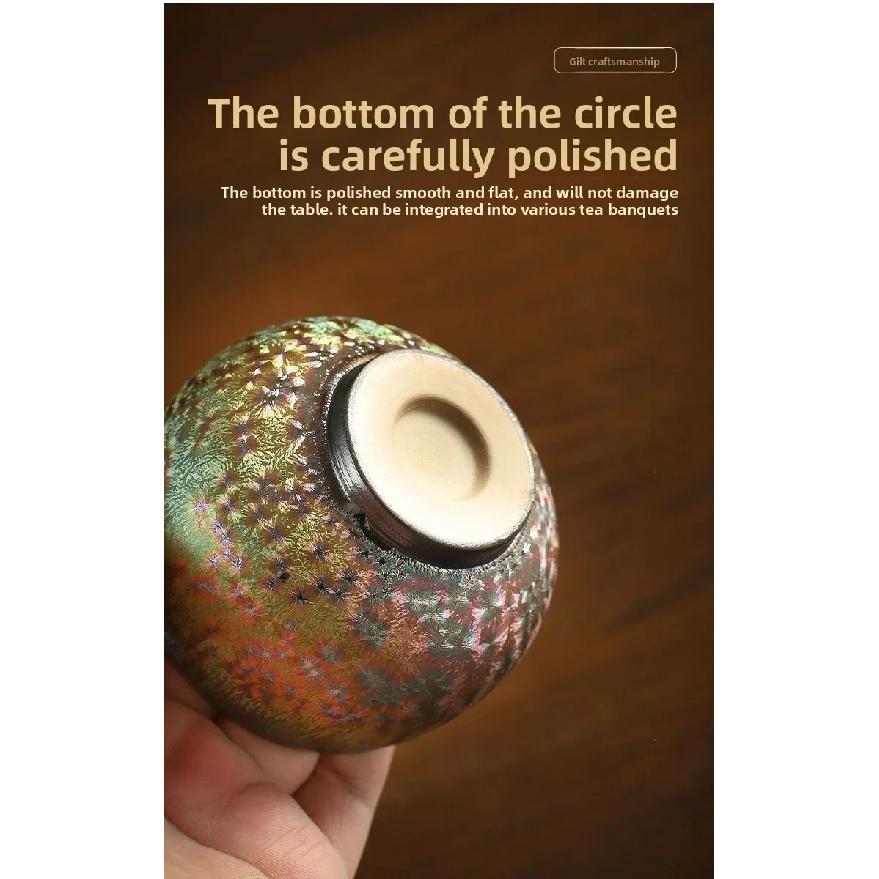 Gilded Tenmoku Glaze Teacup, Kiln Transmutation Peacock Iridescent Tea Bowl, Exquisite Personal Master Cup for Tea Tasting