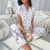 Nightwear Homewear Women Pajama Set Short Sleeve Front Button Top & Full-Length Pants Cherry Print 2 Pieces Sleepwear