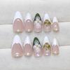 24Pcs Flower Press on Nails Green Fake Nails Medium Almond Shaped Pearl with Gold Beads Design 5D Spring Floral Glue on Nails Artificial White French