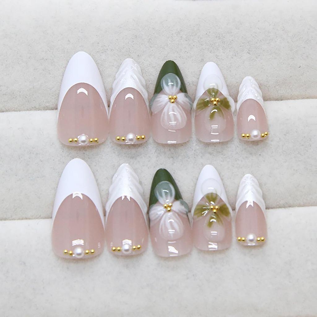 24Pcs Flower Press on Nails Green Fake Nails Medium Almond Shaped Pearl with Gold Beads Design 5D Spring Floral Glue on Nails Artificial White French