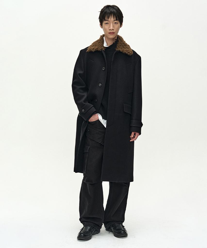 ADSB ANDERSSON BELL Detachable Fur Collar Chesterfield Coat (Black)