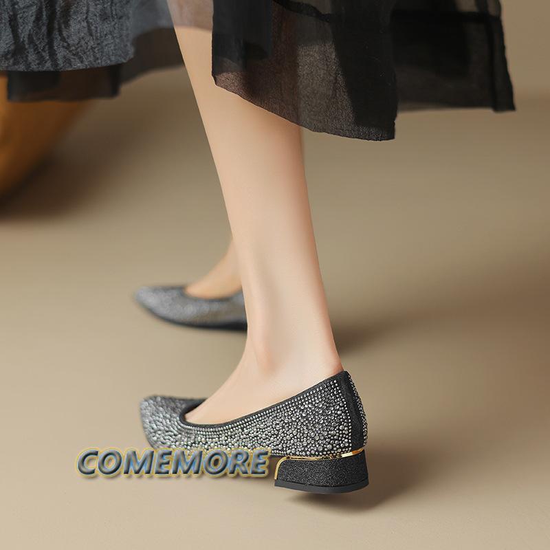Rimocy, пикантные женские туфли-лодочки с блестками, новинка 2024 года, обувь для свадебной вечеринки на низком каблуке с острым носком, женские блестящие туфли без шнуровки для невесты