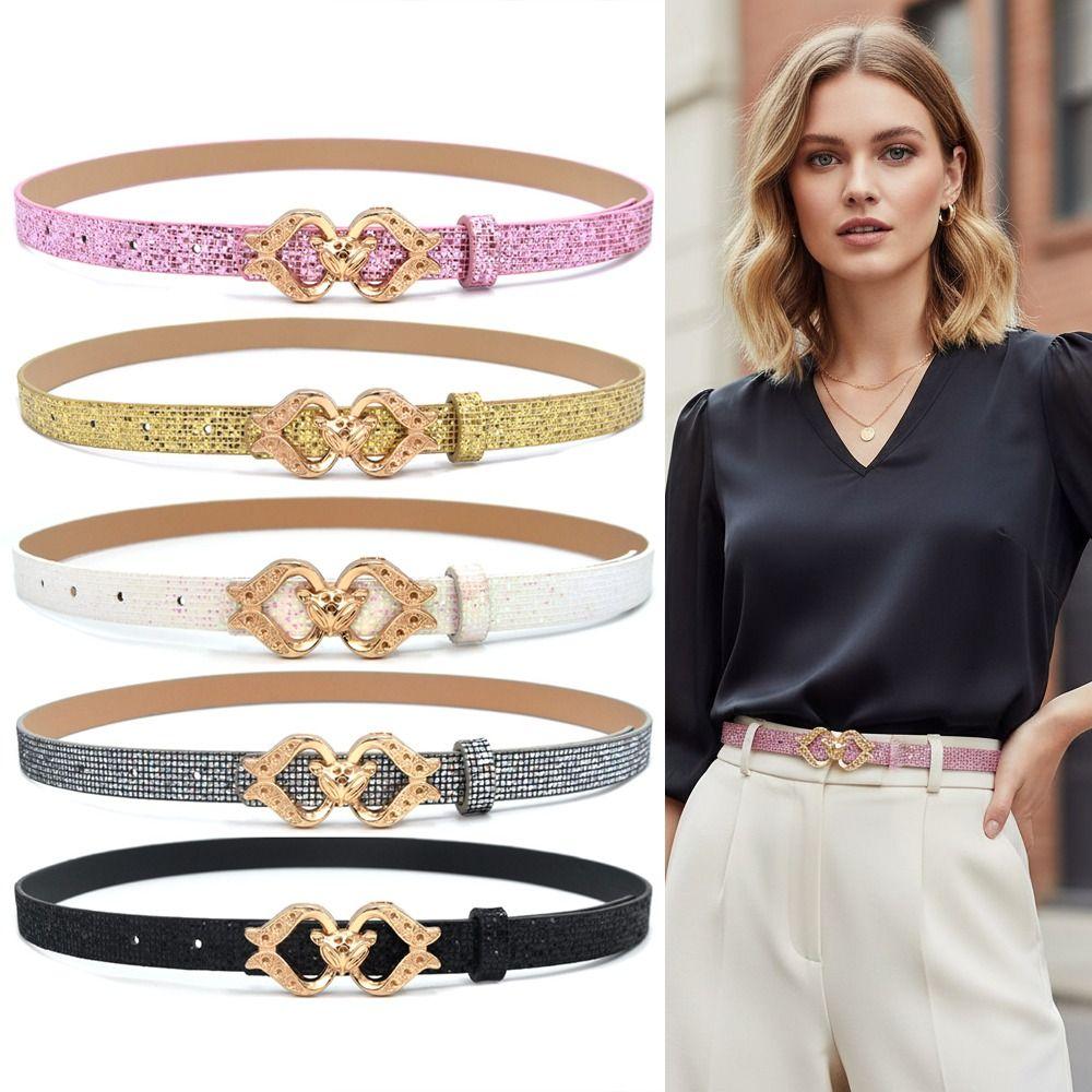 Glitter PU Leather Belt Bling Bling Fox Buckle Belt Vintage Sparkling Rhinestone Belt Women