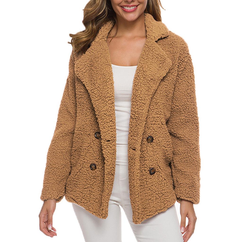 Women's Winter Casual Padded Thickened Suit Collar Button Lambswool Jacket Cardigan