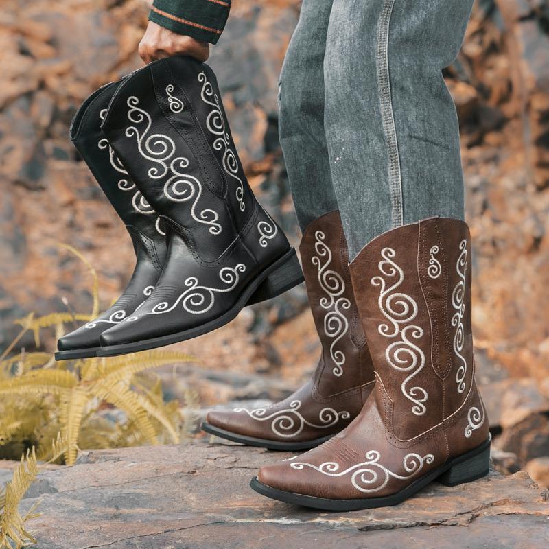 Модные вышитые мужские высокие сапоги осенние черные ковбойские сапоги для мужчин в национальном стиле вестерн мужские сапоги большого размера 46 высокие сапоги