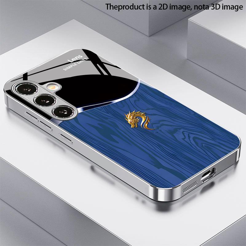 Синий Деревянный Чехол для Телефона с Узором Золотой Дракон 2D для Samsung S26 S25 S24 S23 S22 S21 S20 A56 A36 A16 - Стеклянная Защитная Крышка