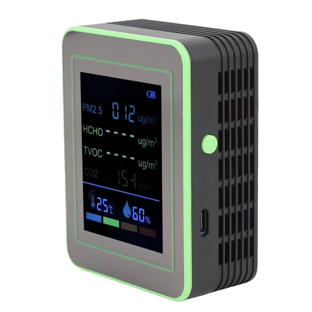 Air Quality Meter 6 In 1 CO2 PM2.5 HCHO TVOC Temp Humid Smart Detect Tester Indoor Battery Powered Black and Green