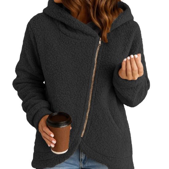 Women's Fleece Jacket Oblique Zip Up Long Sleeve Sherpa Coat Fuzzy Hooded Jacket