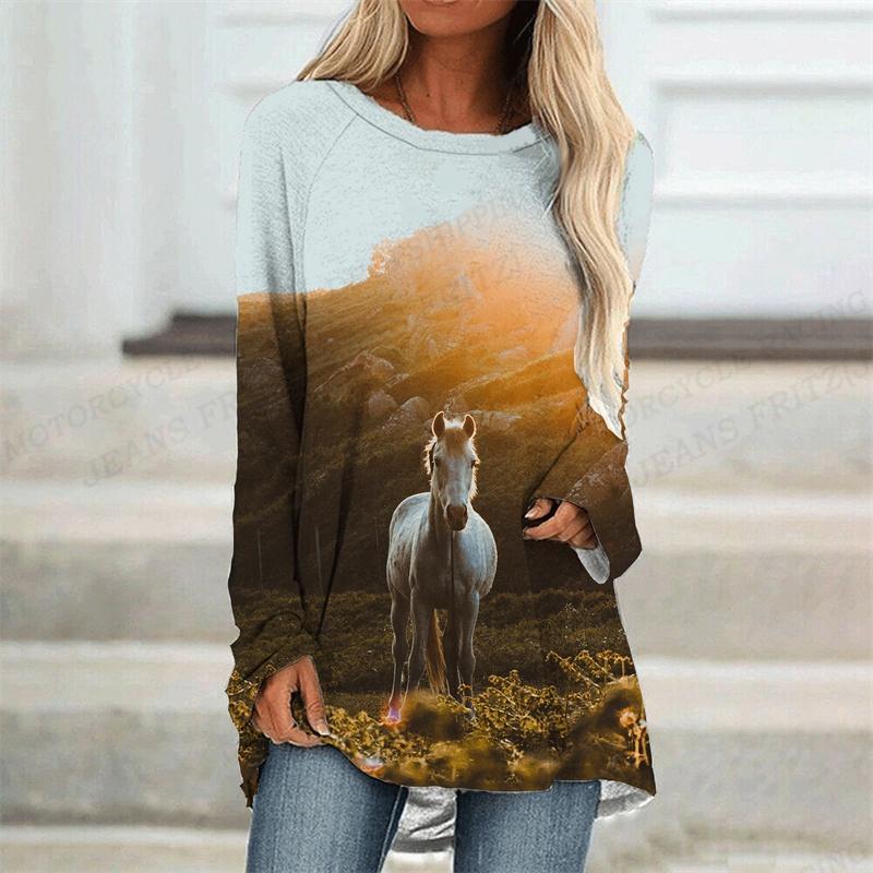 Horse T Shirt Animal 3d Print T-shirt Women Fashion T-shirt Long Sleeve Tops Tees Ladies Tshirt Loose Camisetas Femme