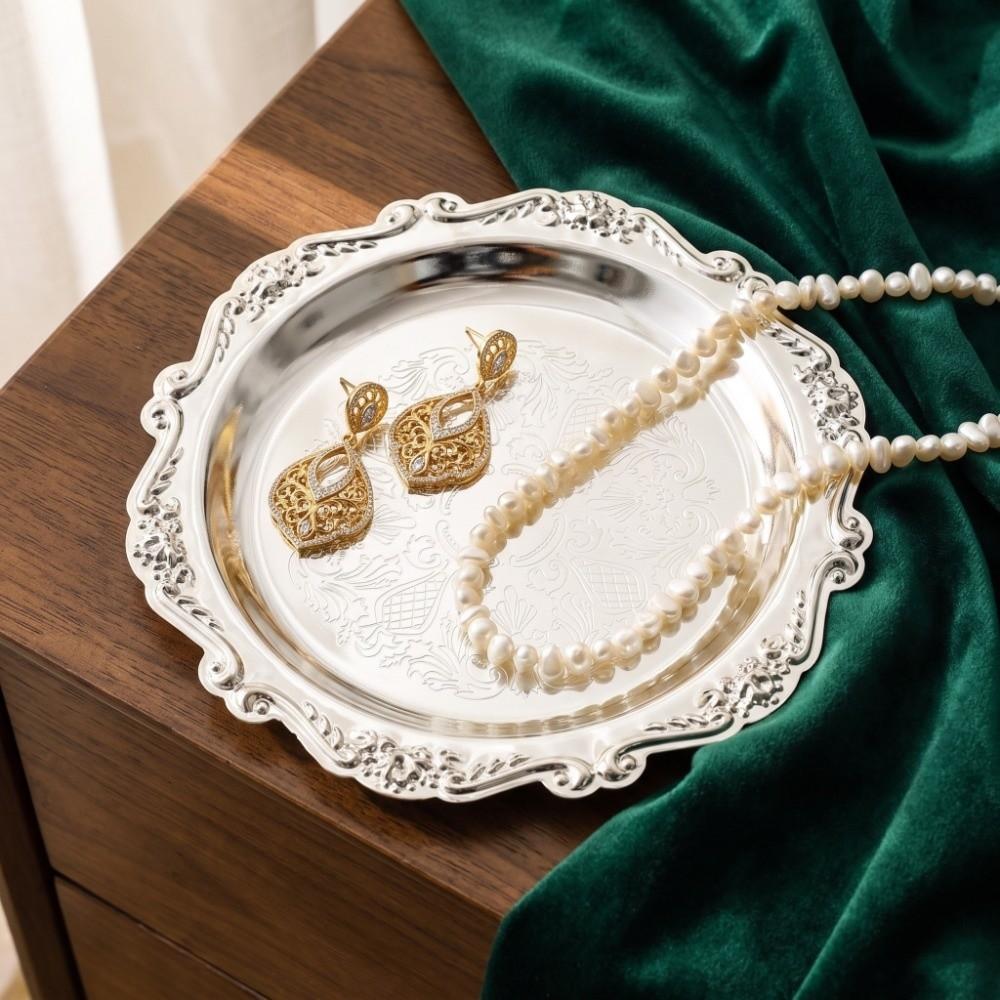 2pcs Golden Color Fruit Decorative Plate Carved Edge Round Food Tray For Baked Goods