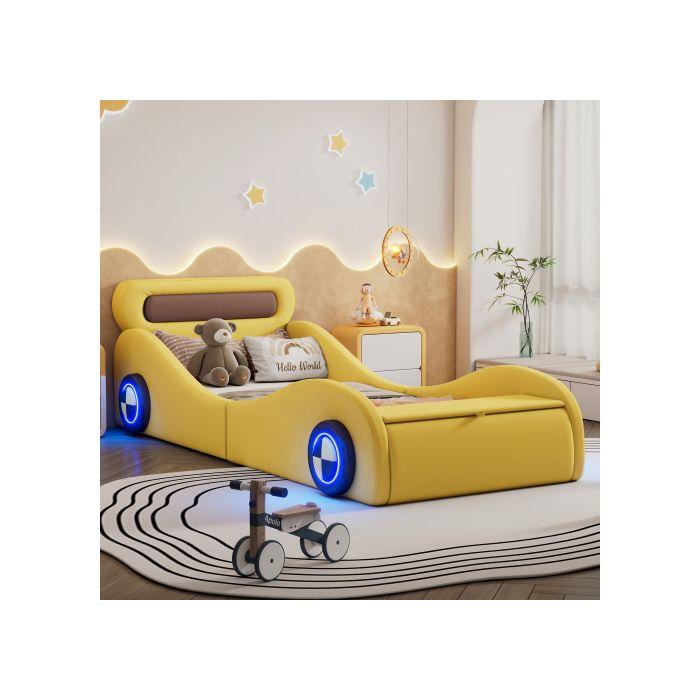 Мягкая кровать для детей - MUVOE - 90x200см - Желтый - Светящиеся колеса - Место для хранения