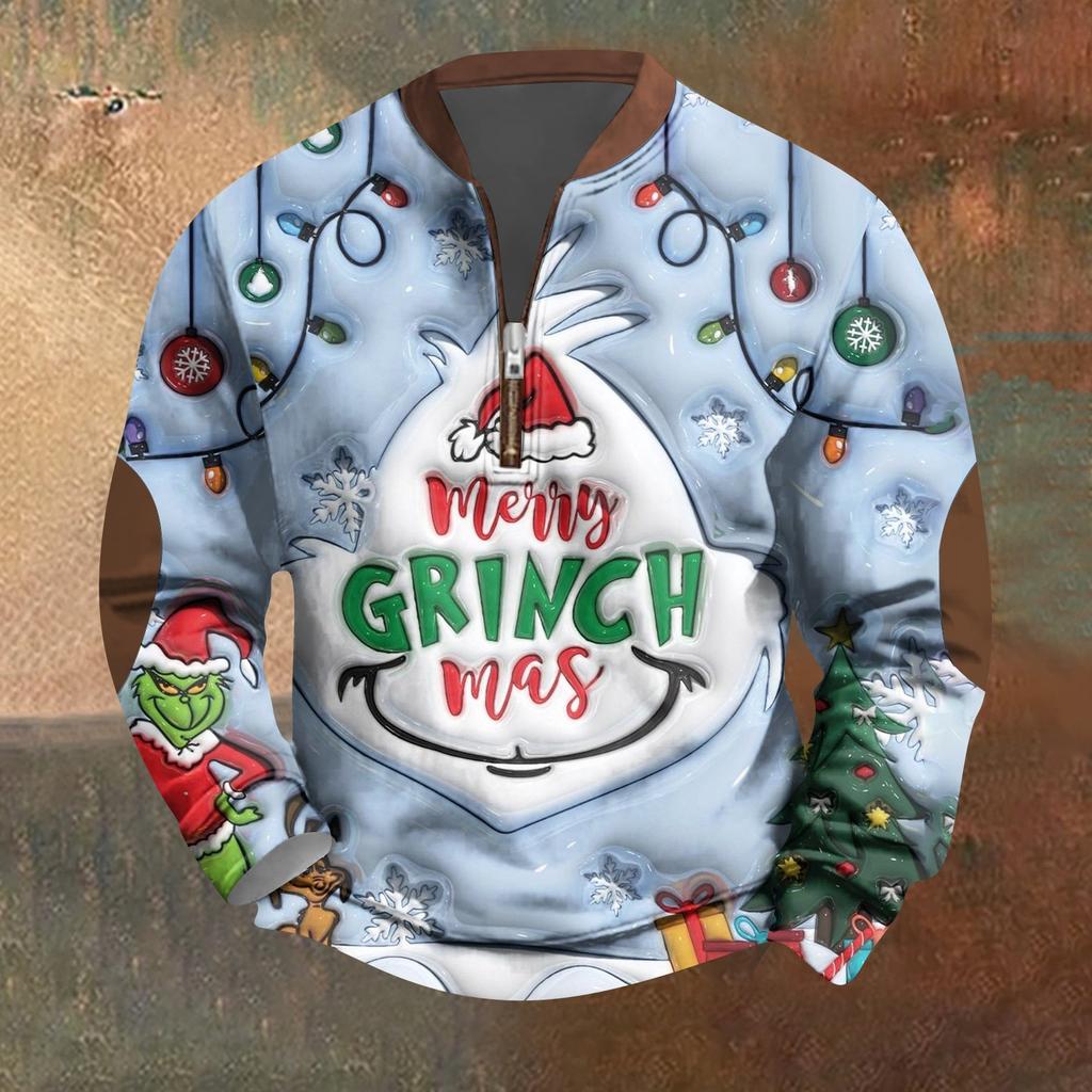 Мужская винтажная зеленая рождественская повседневная толстовка на молнии с трехмерным принтом, пуловер