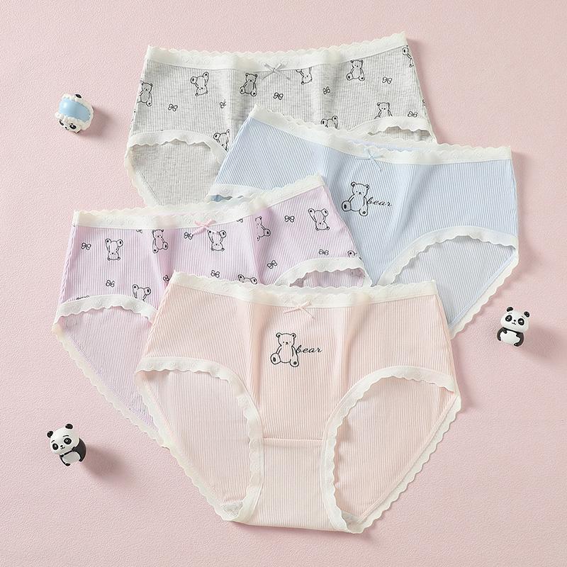 Fentenggan 4-pack Mid Waist Pure Cotton Cartoon Girl Underwear with Modal