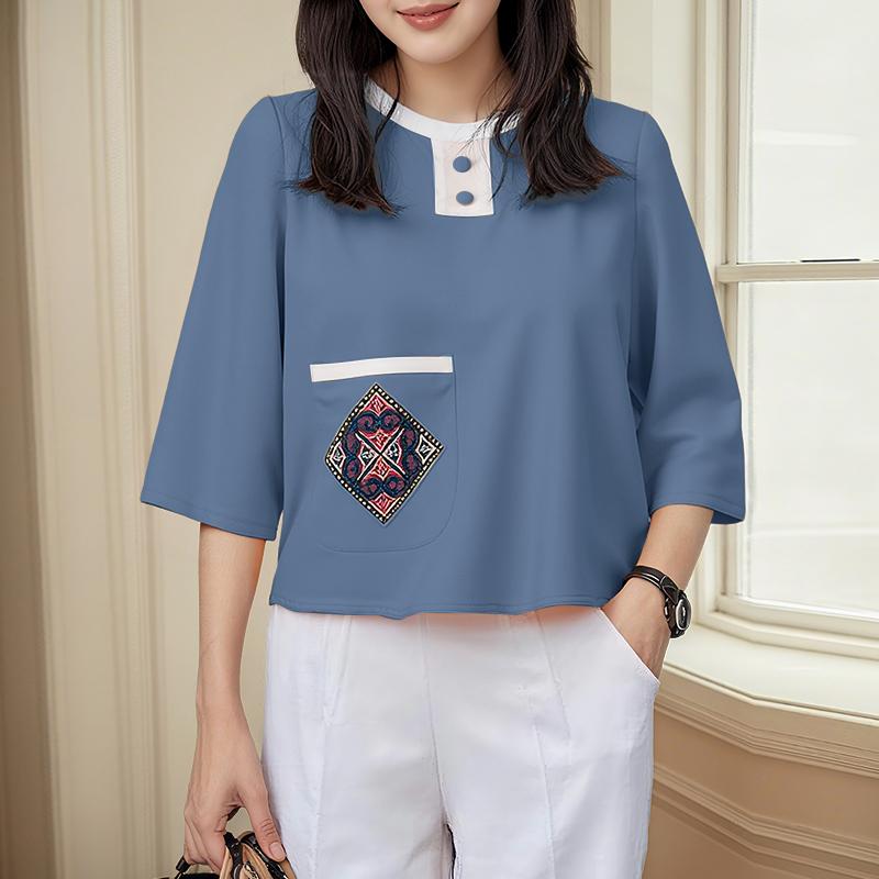 ZANZEA Женская повседневная летняя блузка с круглым вырезом и рукавом 3/4 свободного кроя